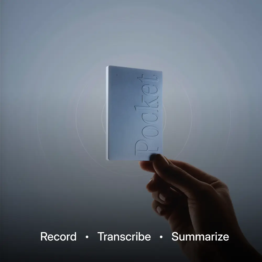 Pocket AI voice recorder held in hand - record, transcribe, summarize