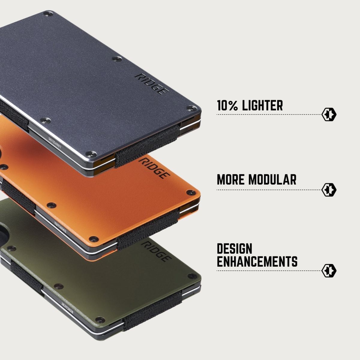 Ridge Wallet 2.0 minimalist wallets in aluminum colors - lighter and more modular design